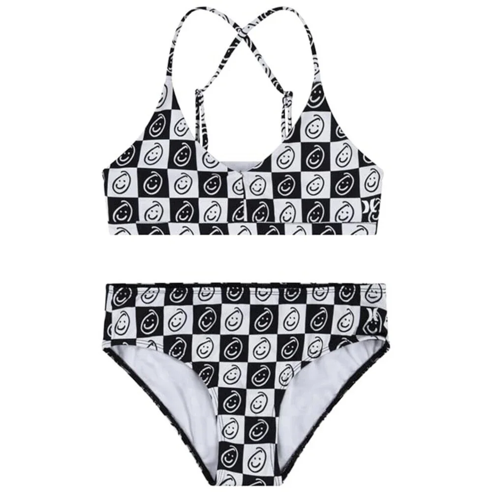 Hurley Two-Piece Triangle Bikini Swim Set Kids 12 White Black Printed GBO1762
